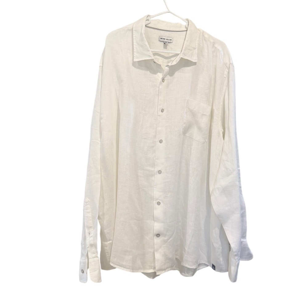 Peter Millar Mens XXL White 100% Linen Long Sleeve Button Down Shirt Pocket